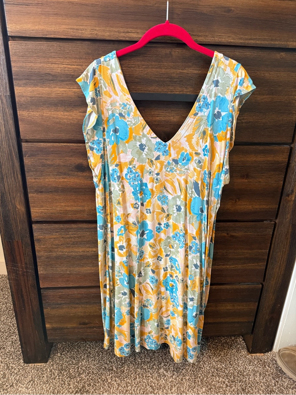 LOFT Yellow Floral V-Neck Midi Dress with Blue Accents
